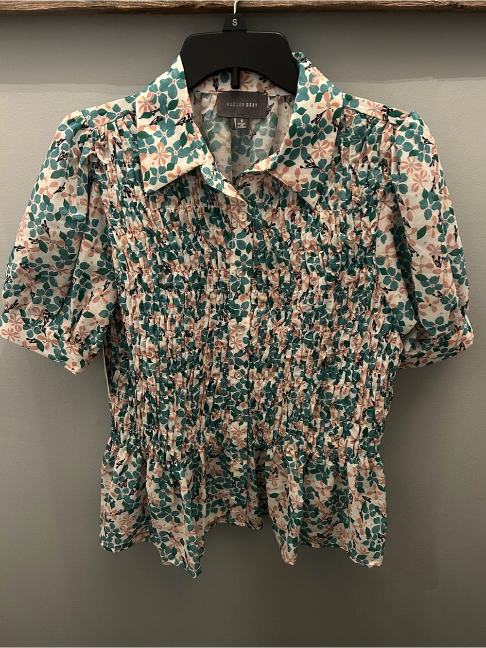 Hudson Gray Teal and Cream Floral Smocked Button-Up Top